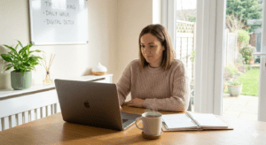 A work from home professional being mindful of her time while working in a comfortable home office environment - Virtual Pro Solutions